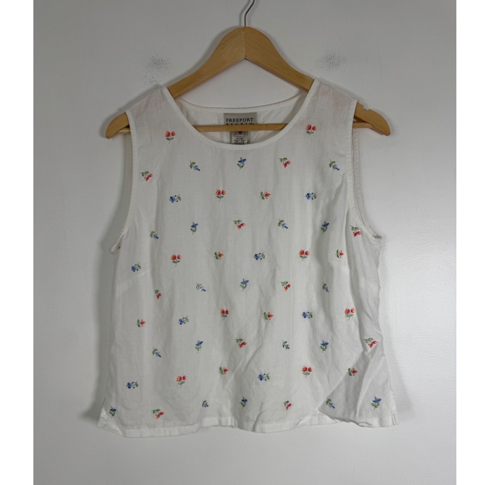 Cottagecore Freeport Studio Womens Med Tank Top White Linen Floral Embroidered